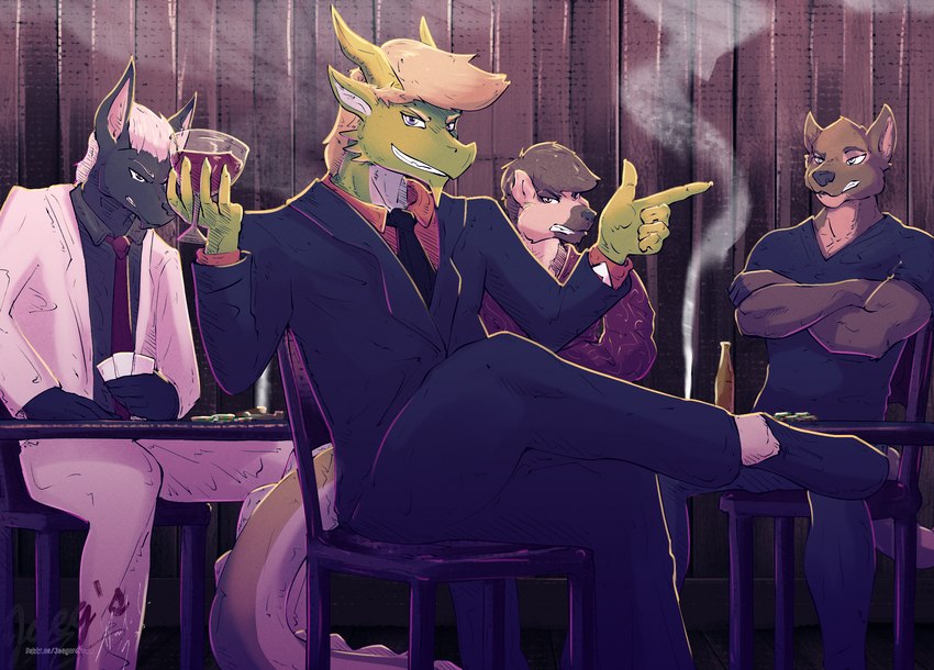 alcohol beverage cigarette cigarette_smoke clothing cocky_smile container cup drinking_glass glass glass_container glass_cup group imminent_rape imminent_sex male smile smirk smoke suit tail wine wine_glass jaeger_wunderkind instant_loss_2koma mythology celadon_vian canid canine canis domestic_dog dragon hyena jackal mammal mythological_creature mythological_scalie reptile scalie hi_res