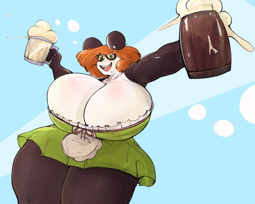 alcohol anthro beer beer_mug beverage big_breasts breasts brown_hair cleavage cleavage_overflow clothed clothing dress female green_eyes hair holidays huge_breasts markings mole_(marking) smile solo text thick_thighs dividedwreck oktoberfest lilly_(dividedwreck) bear giant_panda mammal absurd_res english_text hi_res