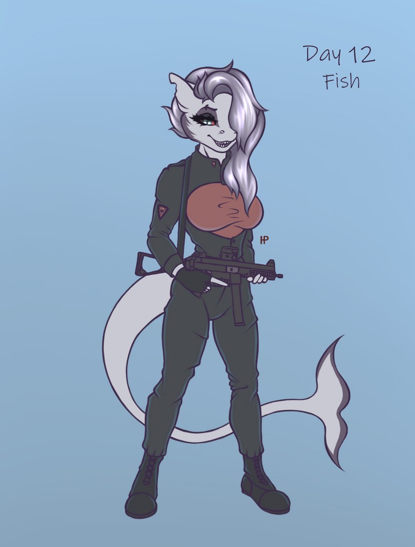 anthro clothing female gun hair_to_side holding_gun holding_object holding_ranged_weapon holding_weapon ranged_weapon solo submachine_gun ump-45 uniform weapon hermitpioneer heckler_and_koch helluva_boss mythology loona_(helluva_boss) canid canid_demon canine demon fish hellhound mammal marine mythological_canine mythological_creature shark hi_res