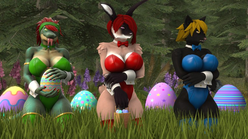 angry anthro basket black_body black_fur blonde_hair bow_tie breasts bunny_costume clothing container costume crossed_arms cuffs_(clothing) egg female flower forest fur grass green_body green_eyes green_scales group hair hand_on_arm holding_basket holding_container holding_egg holding_object holidays kerchief leggings legwear looking_at_viewer looking_away multicolored_body multicolored_fur one_eye_closed plant purple_eyes red_hair scales smile smiling_at_viewer tongue tongue_out tree trio wink winking_at_viewer yellow_eyes thevestige easter petruz_(copyright) cat_(petruz) lizard_(petruz) rabbit_(petruz) felid feline lagomorph leporid lizard mammal rabbit reptile scalie 3d_(artwork) digital_media_(artwork) hi_res source_filmmaker_(artwork)