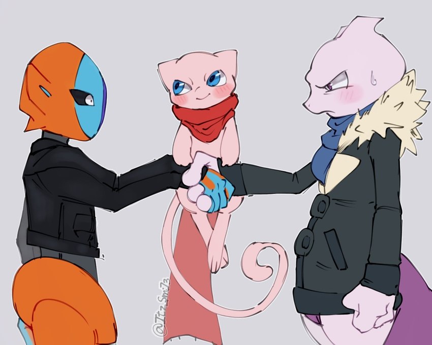 ambiguous_gender anthro biped blue_body blue_eyes blush bottomless clothed clothing grey_background group jacket orange_body pink_body purple_body scarf simple_background smile tail topwear trio itz_smi73 nintendo pokemon deoxys generation_1_pokemon generation_3_pokemon humanoid legendary_pokemon mew_(pokemon) mewtwo normal_forme_deoxys pokemon_(species) 5:4