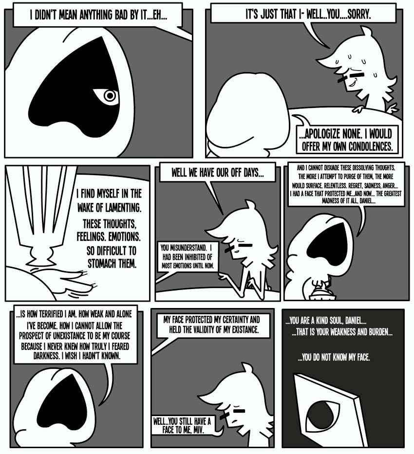 1_eye ambiguous_form ambiguous_gender beverage bodily_fluids border clothed clothing container dialogue duo eyes_closed frown furniture hoodie human_only male mask milkshake not_furry smile speech_bubble sweat sweatdrop table text topwear white_border shane_frost daniel_toke mivliano_10-c human mammal comic english_text greyscale hi_res monochrome female_(lore)