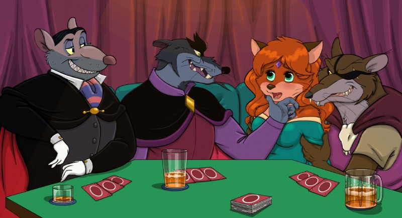 alcohol anthro beer beverage blush breasts clothed clothing eye_patch eyewear female fur green_eyes group hair male orange_body orange_fur orange_hair poker_table scar whiskers yellow_sclera germainethevixen disney don_bluth redwall the_great_mouse_detective the_secret_of_nimh cluny_the_scourge germaine_(vixen) jenner_(nimh) professor_padraic_ratigan canid canine fox mammal murid murine rat rodent 2017