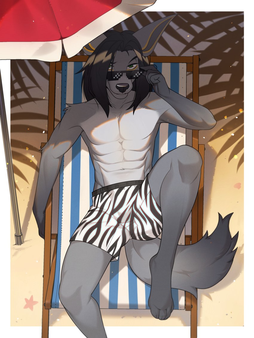 abs animal_print anthro athletic barefoot beach beach_chair beach_umbrella black_hair clothed clothing eyewear feet fur green_eyes grey_body grey_fur hair long_hair looking_at_viewer lounger lying male male_anthro on_back outside parasol sand solo summer sunglasses swimming_trunks swimwear swimwear_only topless topless_male umbrella zebra_print eihman leon_(leonjackyl) anubian_jackal canid canine canis jackal mammal 3:4 hi_res