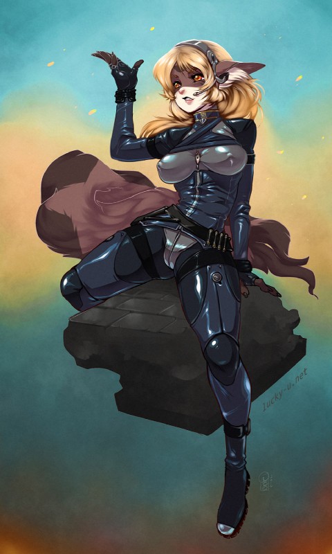 anthro big_breasts blonde_hair bodysuit boots breasts clothed clothing female footwear hair humanoid_face latex long_tail nipple_outline orange_eyes shoes skinsuit solo tail tight_clothing luckypan konami metal_gear kera felid mammal crossover digital_media_(artwork) hi_res shaded