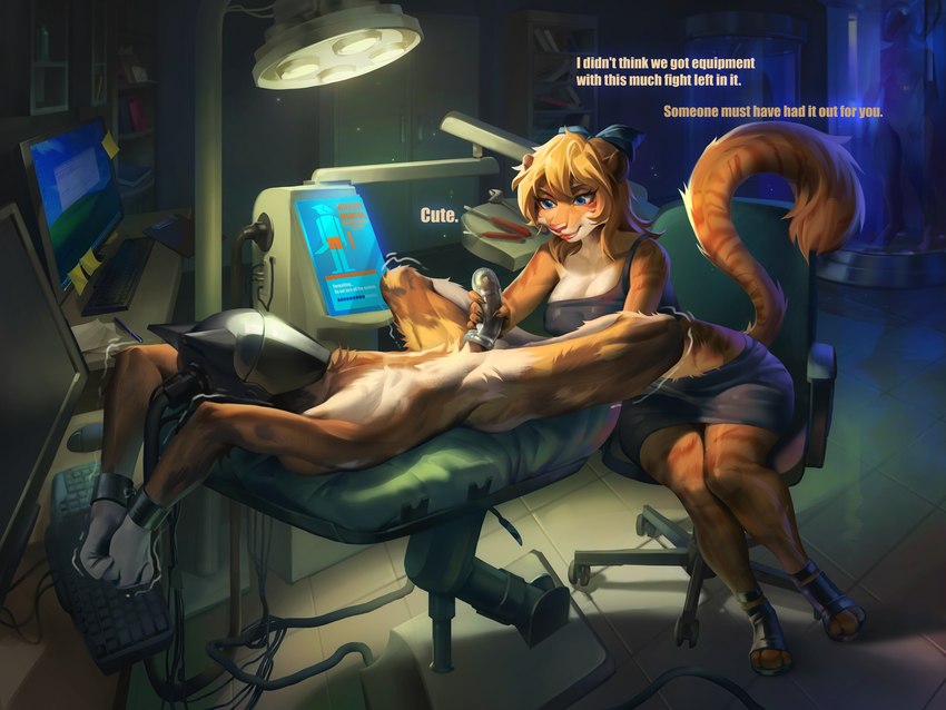 amazing_background anthro armor athletic behind_glass black_penis blonde_hair blue_eyes bookshelf bottomwear bound bow_ribbon brainwashing breasts cable chair cleavage clipboard clothed clothing computer computer_monitor computer_mouse crop_top detailed_background dialogue dominant dominant_female drone dronification duo electronics faceless_character faceless_male female female_dominating_male footwear forced fur fur_pattern furgonomics furniture fuzzy_tail genitals hair hand_on_penis handjob headgear headgear_only helmet helmet_only high_heeled_sandals high_heels horror_(theme) intelligence_loss keyboard laboratory larger_male male male/female mind_control miniskirt monitor mostly_nude multicolored_body multicolored_fur office_chair orange_body orange_fur penetrable_sex_toy penile penis post-it_note rape reprogramming restrained restraints round_ears sandals science_fiction screwdriver sex sex_toy shaking shirt shoes size_difference skirt slave small_waist smaller_female smile stasis_chamber submissive submissive_male tail tail_through_skirt text thick_thighs tools topwear trembling twitching user_interface wide_hips wire wrench savrasova bliss_(image) microsoft microsoft_windows windows_xp fari_paredes african_wild_dog canid canine felid mammal pantherine tiger 2021 4:3 detailed english_text hi_res