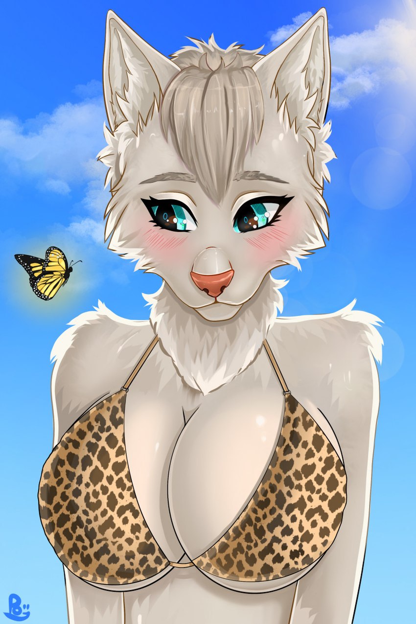 anthro clothing duo female fluffy fur solo_focus spots sun swimwear polly-lolly arthropod butterfly domestic_cat felid feline felis insect lepidopteran mammal hi_res