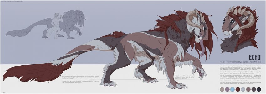 ambiguous_gender claws color_swatch fangs feral fur horn paws quadruped sabertooth_(anatomy) solo tail teeth text tongue tongue_out conditional_dnp oouna echo_(zwerewolf) felkin absurd_res english_text hi_res model_sheet nonbinary_(lore)