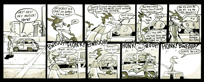 anthro car car_alarm city dialog_box dialogue duo eyewear glasses humor lupine_and_scott male open_mouth outside parking_lot stupidity sunroof teeth_showing text vehicle ayato scott_(ayato) alien canid canine mammal comic english_text monochrome traditional_media_(artwork)