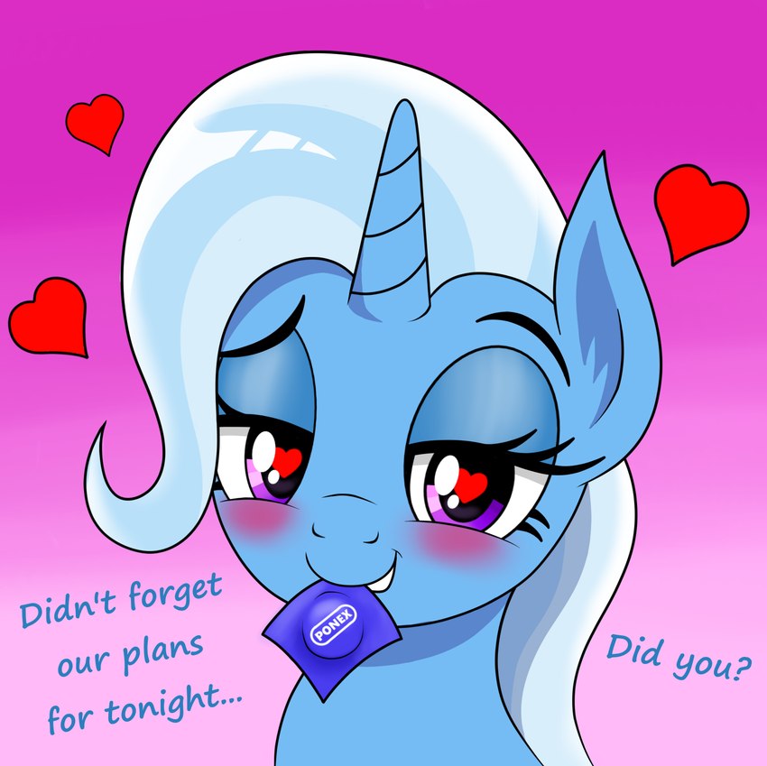 blush condom_wrapper female heart-shaped_pupils heart_symbol horn purple_eyes solo vomitvomiting friendship_is_magic hasbro my_little_pony mythology trixie_(mlp) equid equine horse mammal mythological_creature mythological_equine pony unicorn hi_res