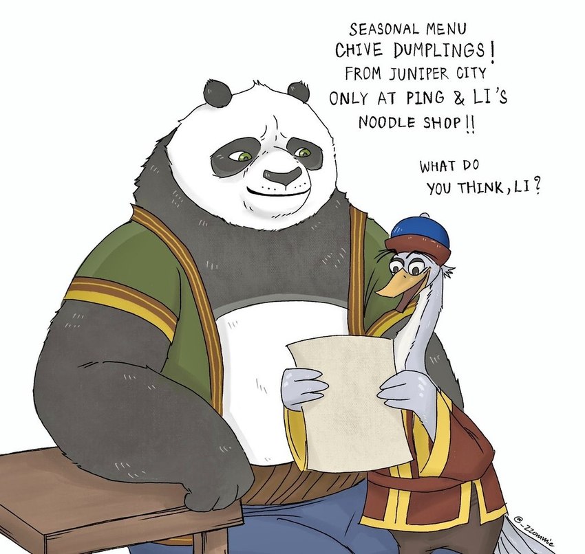 anthro beak bottomwear clothed clothing dialogue duo feathers fingers fur furniture hat headgear headwear holding_object male open_clothing open_mouth open_topwear overweight overweight_anthro overweight_male pants simple_background sitting size_difference smile standing table tail text topwear zzommie dreamworks kung_fu_panda li_shan_(kung_fu_panda) mr._ping anatid anseriform anserinae avian bear bird giant_panda goose mammal digital_media_(artwork) english_text