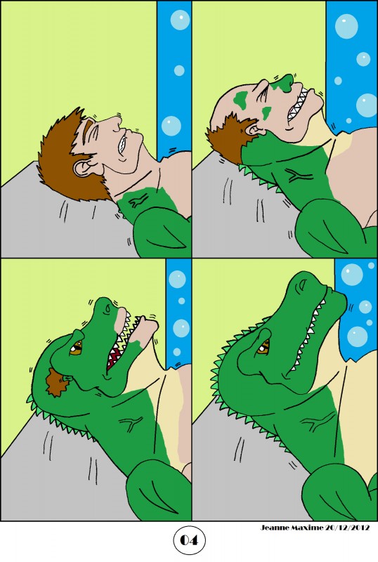 anthro growth male muscle_growth muscular snout snout_growth transformation transformation_through_injection maxime-jeanne crocodile crocodilian human mammal reptile scalie 2012 absurd_res comic hi_res