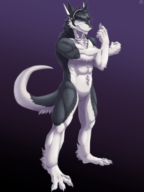 abs anthro biceps big_muscles black_body black_fur black_hair blue_eyes fur hair looking_at_viewer male muscular muscular_anthro muscular_male nude pecs smile solo standing tail tuft white_body white_fur dd159 discordnight sergal 3:4 absurd_res hi_res signature