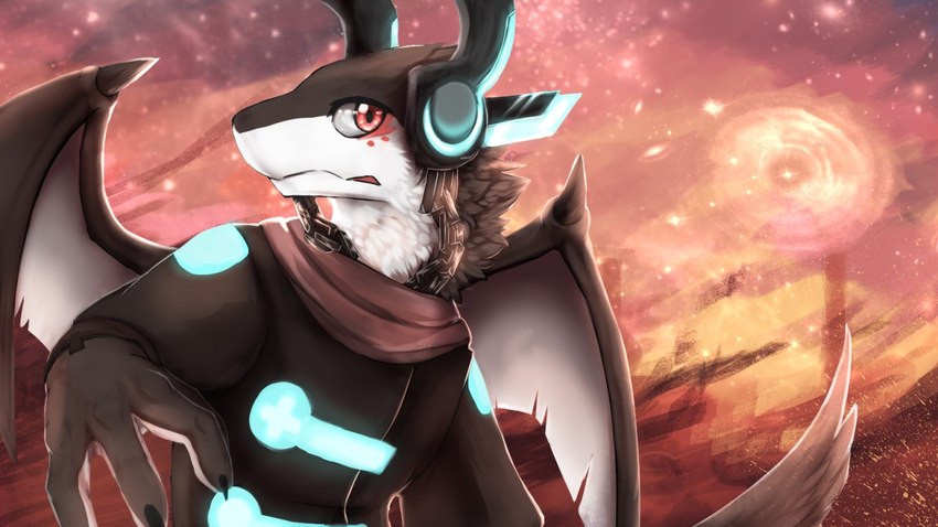 anthro brown_body brown_fur clothed clothing front_view fur glistening glistening_eyes gradient_wings grey_wings male membrane_(anatomy) membranous_wings neck_tuft red_eyes solo tuft white_body white_fur white_wings wings kuttoyaki 16:9 bust_portrait portrait widescreen