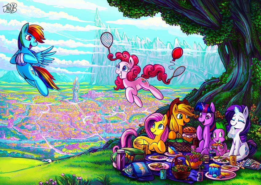 ball balloon basket blonde_hair clothing container cowboy_hat defying_gravity female feral flying food hair hat headgear headwear horn inflatable multicolored_hair multicolored_tail napkin picnic picnic_basket picnic_blanket pink_hair pink_tail plant plate ponyville rainbow_hair rainbow_tail tail text tree wings jowybean friendship_is_magic hasbro my_little_pony mythology applejack_(mlp) fluttershy_(mlp) pinkie_pie_(mlp) rainbow_dash_(mlp) rarity_(mlp) spike_(mlp) twilight_sparkle_(mlp) dragon earth_pony equid equine horse mammal mythological_creature mythological_equine mythological_scalie pegasus pony scalie unicorn absurd_res english_text hi_res