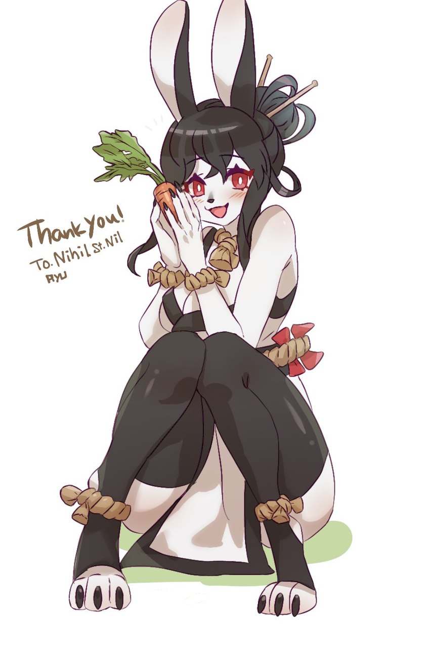 3_toes accessory anklet anthro arms_bent asian_clothing bangs bare_shoulders bent_legs biped black_clothing black_dress black_ears black_eyebrows black_hair black_legwear black_nails black_nose black_thigh_highs black_toe_claws black_topwear blush blush_lines bracelet breasts carrot claws cleavage clothed clothed_anthro clothed_female clothing colored_nails dress ears_up east_asian_clothing exclamation_point eyebrow_through_hair eyebrows eyelashes eyelashes_through_hair feet female female_anthro fingers fingers_spread food front_view glistening glistening_clothing glistening_food glistening_hair glistening_legwear glistening_thigh_highs glistening_vegetable hair hair_accessory hair_bun hair_sticks holding_carrot holding_food holding_object holding_vegetable japanese_clothing jewelry legwear light_arms light_body light_bottomwear light_breasts light_clothing light_face light_feet light_fingers light_head light_inner_ear light_legs light_neck light_pupils light_toes light_topwear long_bangs long_ears long_hair looking_at_viewer monotone_accessory monotone_arms monotone_breasts monotone_clothing monotone_hair monotone_hair_accessory monotone_hands monotone_inner_ear monotone_legwear monotone_neck monotone_text monotone_thigh_highs monotone_toe_claws multicolored_clothing multicolored_dress multicolored_topwear nails necklace obijime open_hands open_mouth open_smile pelvic_curtain plant pupils raised_eyebrows red_eyes rope_necklace simple_background sitting sleeveless sleeveless_clothing sleeveless_dress sleeveless_topwear slit_dress smile smiling_at_viewer solo split_dress surprise tan_bracelet tan_jewelry tan_necklace text thigh_highs thin_eyebrows toe_claws toes topwear translucent translucent_hair two_tone_clothing two_tone_dress two_tone_topwear vegetable white_arms white_background white_body white_breasts white_clothing white_dress white_face white_feet white_fingers white_hands white_head white_inner_ear white_neck white_pupils white_text white_toes white_topwear garyu410 circe_ciri lagomorph leporid mammal rabbit 2023 2:3 commissioner_name english_text full-length_portrait hi_res japanese_description portrait signature unavailable_at_source