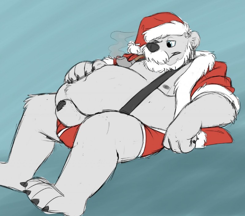 animal_genitalia bulge clothed clothing erection genitals holidays male midriff obese obese_male open_clothing open_shirt open_topwear overweight overweight_male penis pipe sheath shirt smoke smoking smoking_pipe solo suspenders topwear opturk christmas santa_claus bear mammal