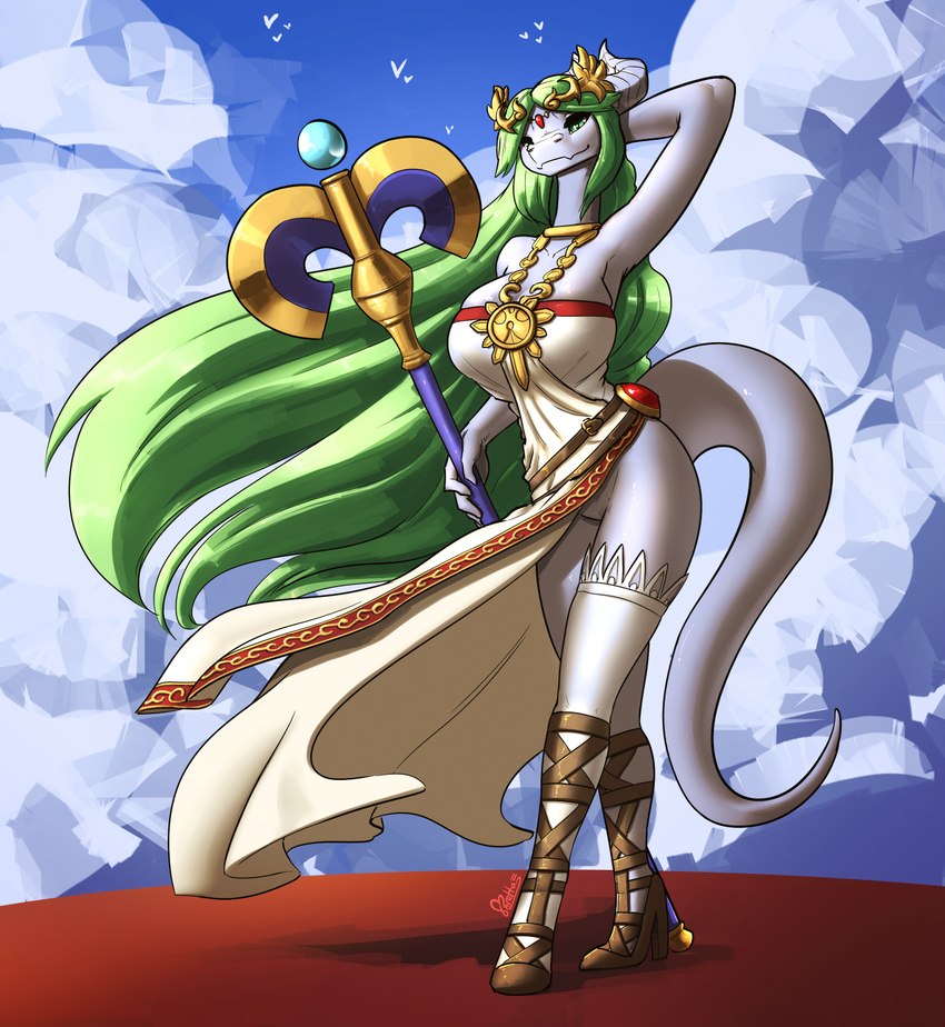 anthro belt big_breasts bottomless breasts clothed clothing cosplay dress female genitals green_eyes green_hair hair legwear looking_at_viewer no_underwear pussy silver_skin smile solo staff standing stockings tail upskirt feretta kid_icarus mythology nintendo mis'alia palutena draako dragon mythological_creature mythological_scalie scalie silver_dragon 2022 digital_media_(artwork) hi_res shaded