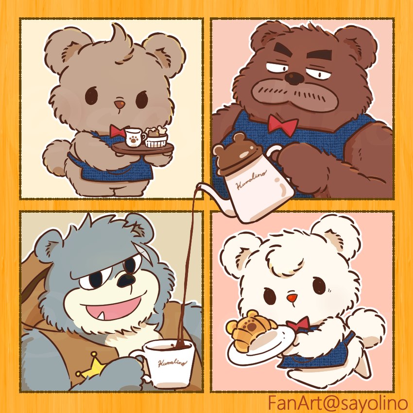 anthro apron bow_tie brown_body brown_fur chibi clothing cute_fangs fangs fur grey_body grey_fur group hat headgear headwear kemono male open_mouth scar teeth sayolino kumalino sanrio brew_(kumalino) drip_(kumalino) roast_(kumalino) syrup_(kumalino) bear mammal 1:1 2023