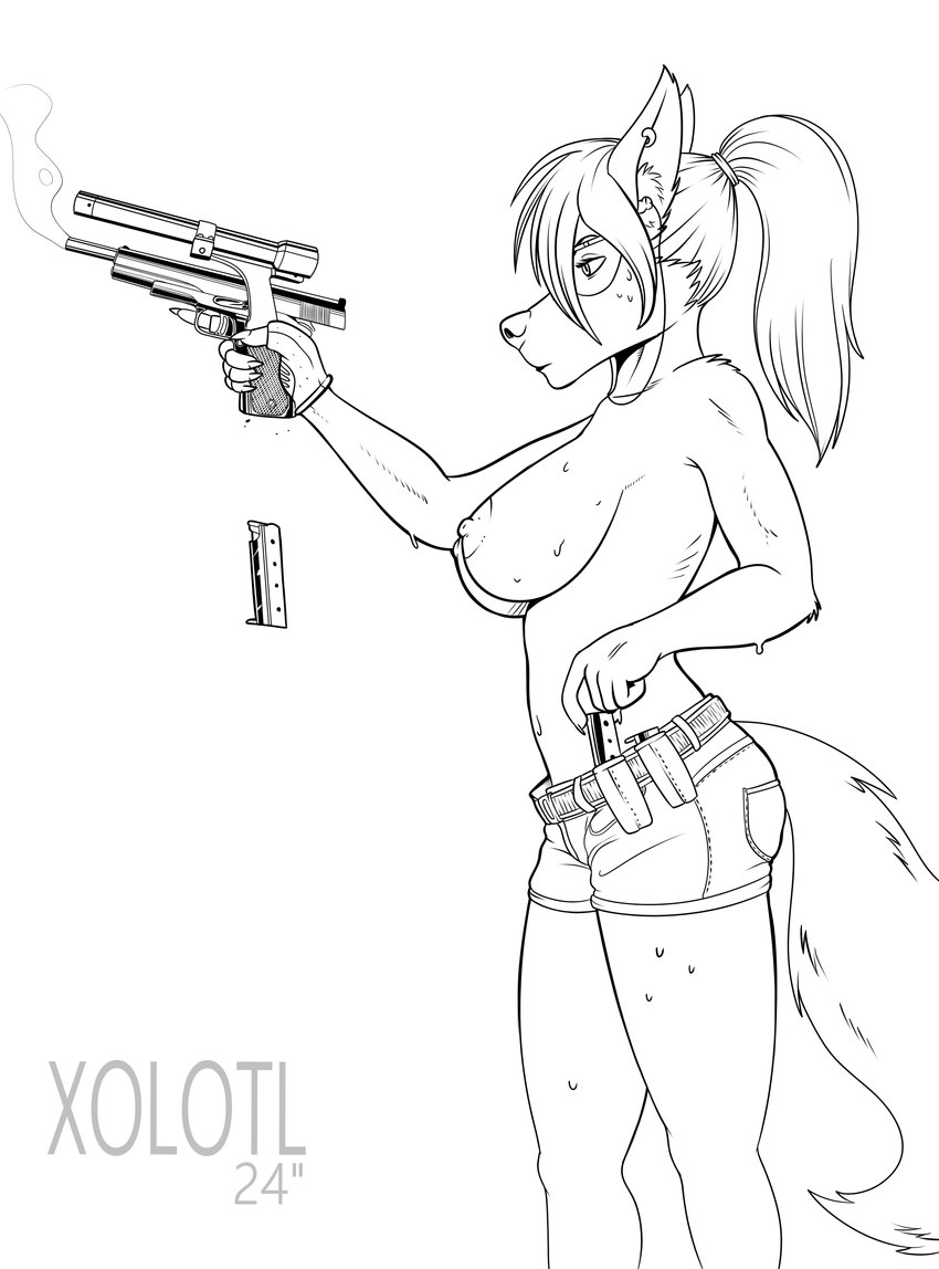 5_fingers anthro big_breasts bottomwear breasts clothed clothing daisy_dukes denim denim_bottomwear denim_clothing denim_shorts ear_piercing female fingers fur gun handgun holding_gun holding_object holding_ranged_weapon holding_weapon hotpants muscular nipples nude piercing pistol ranged_weapon shorts simple_background skimpy solo standing teeth weapon wide_hips xolotl_59 elizabeth_(xolotl_59) canid canine canis mammal wolf 2024 absurd_res digital_media_(artwork) hi_res monochrome