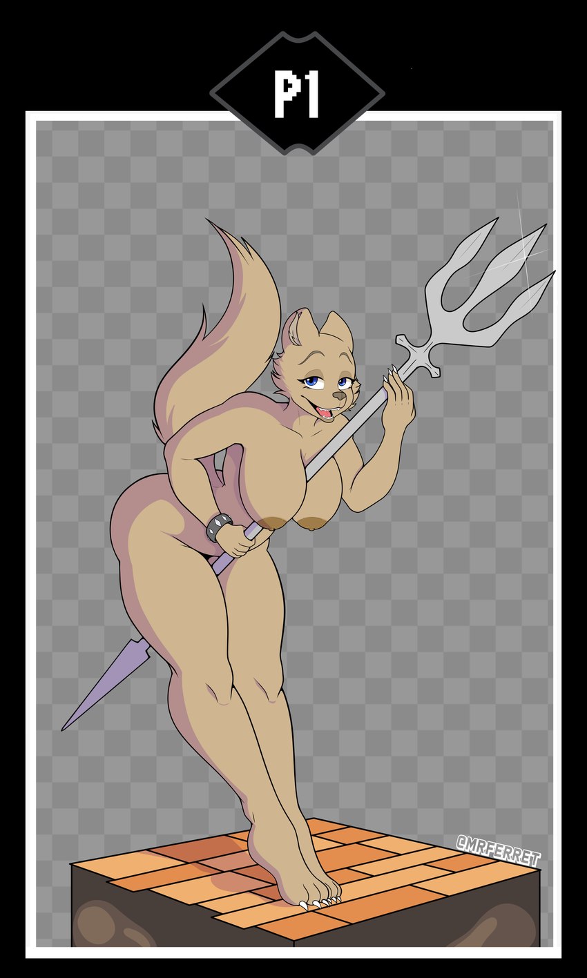 anthro blue_eyes bracelet breasts female fur jewelry melee_weapon nipples nude polearm raised_tail solo tail tan_body tan_fur trident weapon mrferret mythology jack_(jackwolf) canid canine canis dragon hybrid mammal mythological_creature mythological_scalie scalie wolf 3:5 absurd_res hi_res