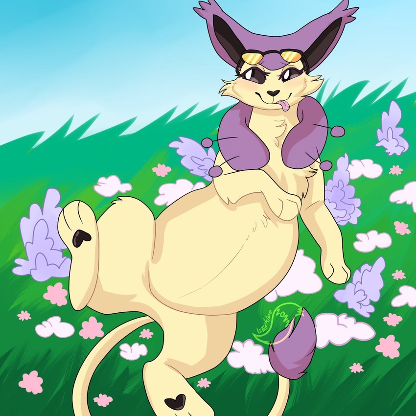 ambiguous_gender eyewear feral flower fur glasses plant simple_background sky solo tail yellow_body yellow_fur izzyhime nintendo pokemon jaki-kun_(character) delcatty felid feline generation_3_pokemon mammal pokemon_(species) 1:1 hi_res watermark