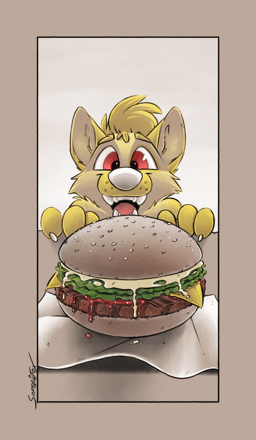 anthro big_ears burger burger_patty cheese dairy_products food fur head_tuft ketchup lettuce mayonnaise plant red_eyes sandwich_(food) sesame_seed_bun sesame_seeds simple_background simple_color simple_coloring simple_colors tuft vegetable white_nose wrapping_paper yellow_body yellow_fur softailfox hyena mammal digital_drawing_(artwork) digital_media_(artwork) hi_res shaded simple_shading spot_color