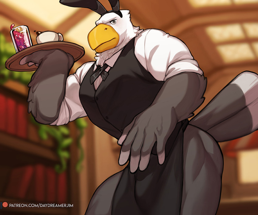 anthro apron beak beverage bottomless clothed clothing coffee container cup dress_shirt fake_ears fake_rabbit_ears holding_object inside looking_at_viewer male muscular muscular_anthro muscular_male plate serving serving_beverage shirt solo standing topwear vest waiter jimsdaydream animal_crossing nintendo apollo_(animal_crossing) accipitrid accipitriform avian bald_eagle bird eagle sea_eagle 2021 6:5