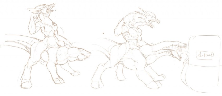 2_heads beak body_takeover breasts clothing female food growth hooves horn multi_head paws solo torn_clothing transformation transformation_sequence uglyshadow avian chimera equid equine humanoid mammal reptile scalie taur monochrome sequence sketch