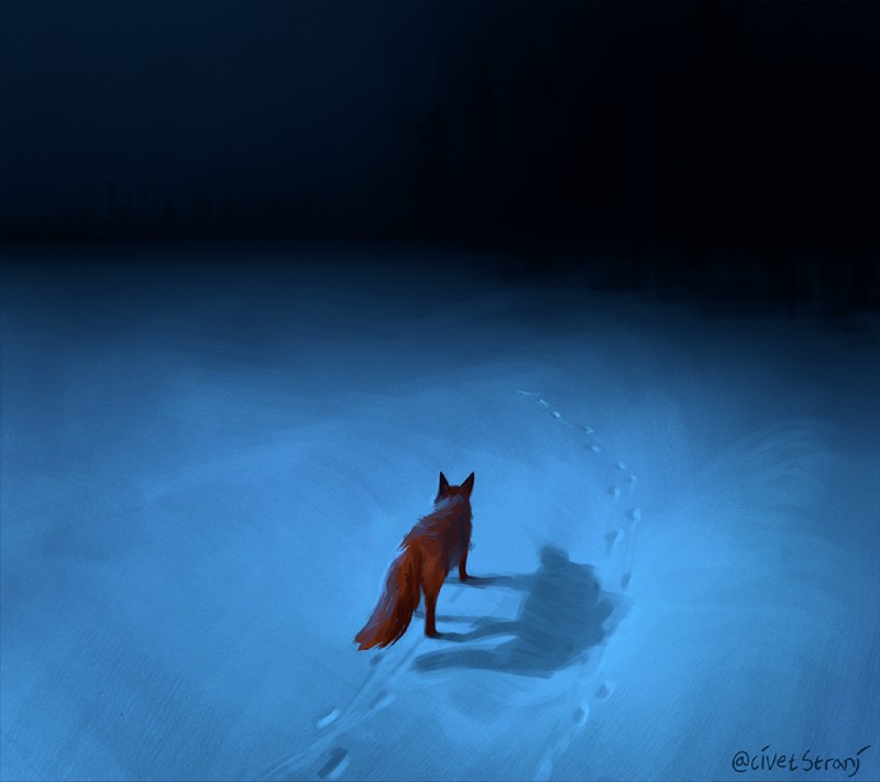 ambiguous_gender detailed_background feral fur light moonlight night orange_body orange_fur rear_view snow solo standing civetstranj canid canine fox mammal 2019 signature