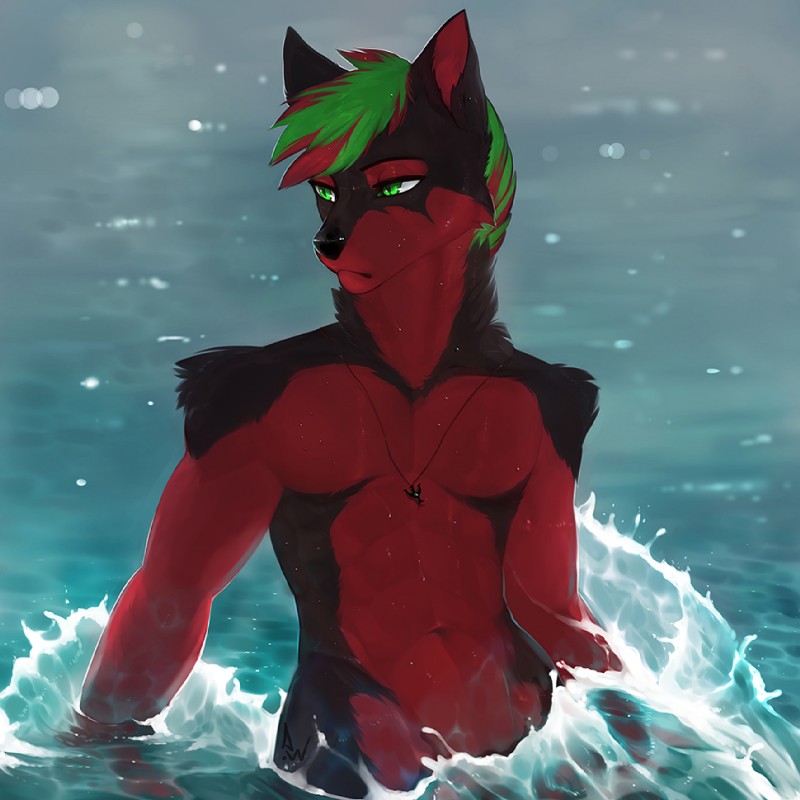 anthro black_body black_fur black_nose fur green_eyes green_hair hair jewelry male necklace partially_submerged red_body red_fur solo water angiewolf syk_renstrom canid canine canis domestic_dog mammal 1:1 digital_media_(artwork) shaded