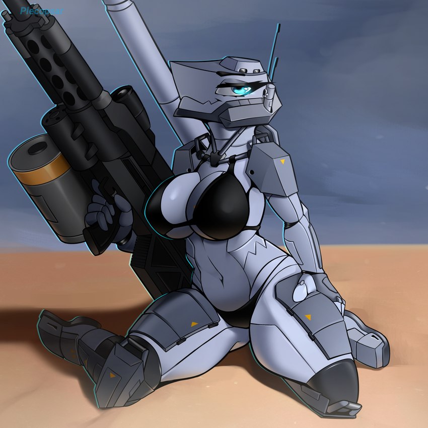 anthro autocannon bedroom_eyes bikini black_bikini black_clothing black_swimwear blue_eyes clothing female grey_body gun holding_gun holding_object holding_ranged_weapon holding_weapon kneeling looking_at_viewer m1_abrams machine markings mounted_gun narrowed_eyes orange_markings ranged_weapon seductive solo swimwear tank two-piece_swimsuit vehicle weapon plecopsar allison_mcknight_(spyglass8) living_machine living_tank living_vehicle digital_media_(artwork) hi_res