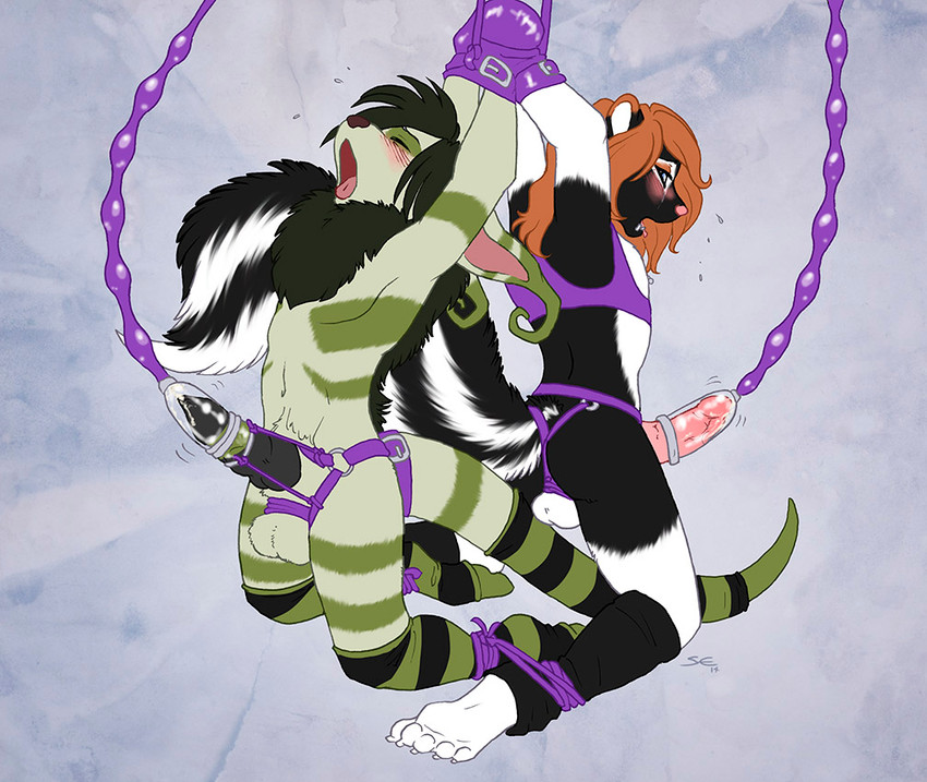 anthro ball_rope bdsm bent_legs black_hair blue_eyes blush bodily_fluids bondage bondage_gear bondage_gloves bound brown_hair chest_tuft clothing cobondage crop_top cuff_(restraint) cum cum_on_penis dipstick_ears duo ear_markings ears_back erection eyes_closed femboy genital_fluids genital_rope genitals green_body hair half-closed_eyes hands_above_head handwear knee_highs kneeling leg_warmers legs_tied legwear looking_pleasured machine male markings milking_machine multicolored_ears narrowed_eyes neck_tuft open_mouth penile penis penis_milking pivoted_ears restraints rope rope_around_balls rope_bondage shackles shirt straps striped_markings striped_tail stripes tail tail_cuff tail_markings tongue tongue_out topwear tuft sabretoothed_ermine erk tokeli crux mammal mephitid skunk