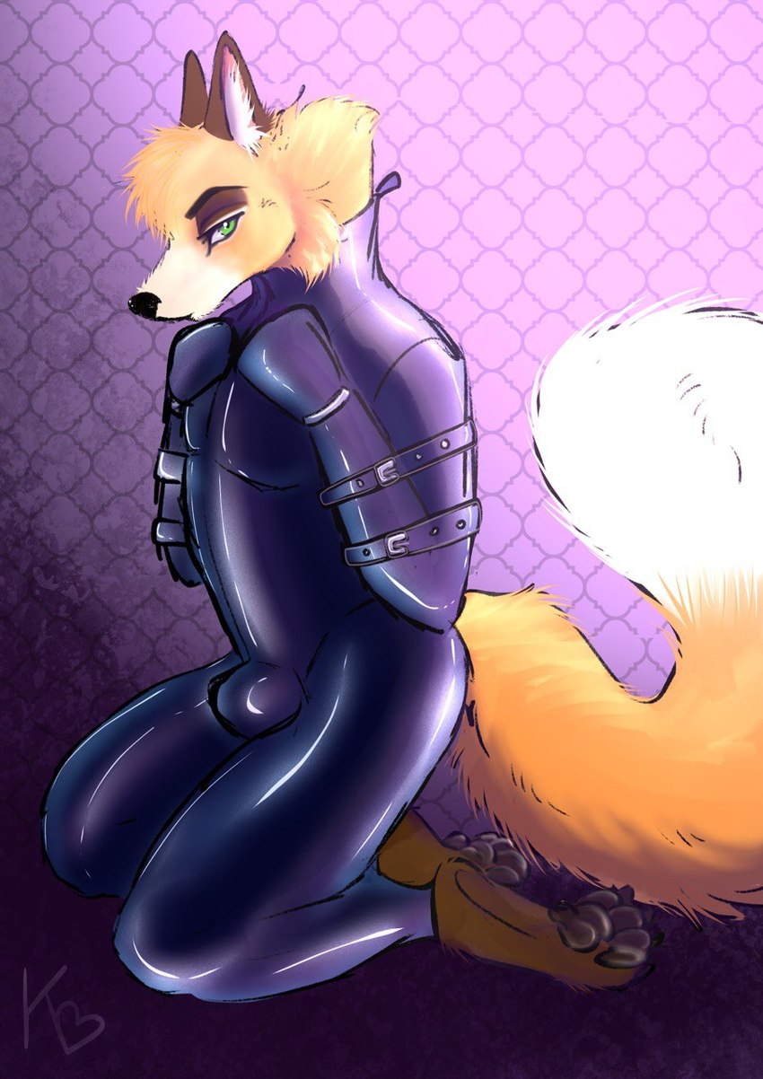 anthro arms_tied bound brown_body brown_fur bulge clothing fur glistening glistening_clothing green_eyes kneeling latex latex_clothing latex_skinsuit looking_at_viewer male orange_body orange_fur rubber_clothing skinsuit solo straps tight_clothing white_body white_fur kwakapaint canid canine fox mammal 2022 hi_res signature