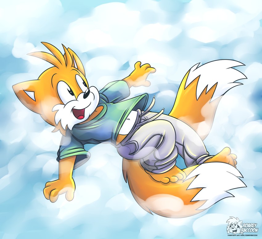 2_tails 4_fingers 4_toes anthro barefoot cheek_tuft clothed clothing clothing_lift cloud extended_arms facial_tuft feet fingers fur male multi_tail multicolored_body multicolored_fur navel no_shoes open_mouth open_smile shirt shirt_lift sky skyscape smile solo tail toes topwear tuft young roarey_raccoon sega sonic_the_hedgehog_(series) miles_prower canid canine fox mammal hi_res shaded signature watermark