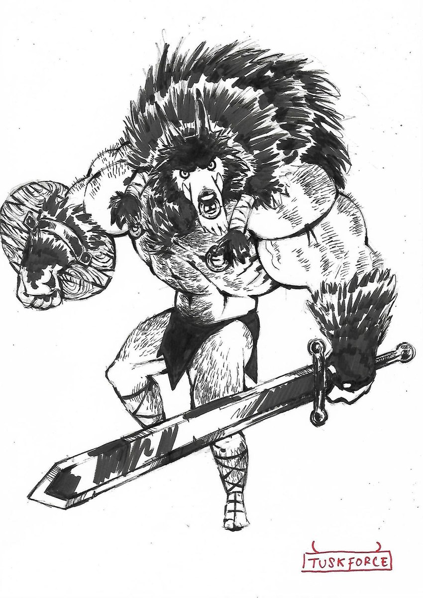 anthro big_muscles bottomwear clothing facial_piercing holding_object holding_weapon loincloth looking_at_viewer male melee_weapon muscular navel nipple_piercing nipples nose_piercing nose_ring piercing ring_piercing shield solo sword warrior weapon wood wood_shield tuskforce canid canine canis mammal wolf hi_res