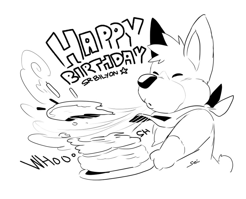 anthro birthday birthday_cake cake dessert eyes_closed food simple_background solo text white_background seiryuuden breeze_in_the_clouds breeze_(breeze_in_the_clouds) canid canine canis domestic_dog herding_dog mammal pastoral_dog welsh_corgi 2020 monochrome