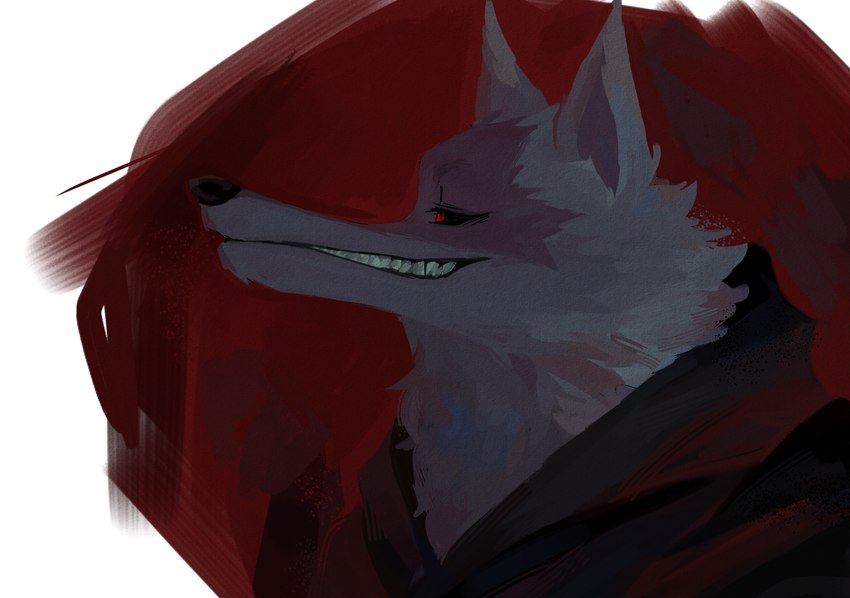 anthro cheek_tuft cloak clothing darkness facial_markings facial_tuft fluffy fuzzy grin half-closed_eyes head_markings hood male markings mask_(marking) narrowed_eyes neck_tuft painted_background poncho red_background red_eyes side_view simple_background smile solo stylized teeth tuft noritar0 noritaro dreamworks puss_in_boots_(franchise) death_(puss_in_boots) canid canine canis mammal wolf 2023 hi_res portrait