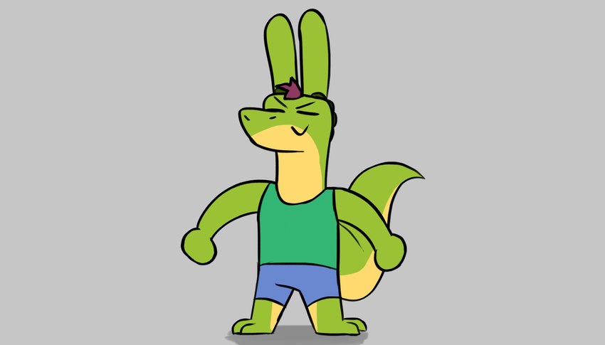 anthro bottomwear clothing hair male purple_hair shirt shorts simple_background smile solo tail topwear jovi_cap jovi_cap_(oc) alligator alligatorid crocodilian hybrid lagomorph leporid mammal rabbit reptile scalie hi_res