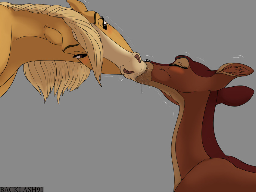 blonde_mane blush bodily_fluids brown_body brown_fur drooling duo eyes_closed female female/female feral feral_on_feral french_kissing fur grey_background half-closed_eyes interspecies kiss_on_lips kissing mane mature_female mature_feral multicolored_body multicolored_fur narrowed_eyes nude quadruped saliva simple_background sloppy_kiss yellow_body yellow_fur backlash91 conditional_dnp bambi_(film) disney dreamworks spirit:_stallion_of_the_cimarron bambi's_mother esperanza_(cimarron) deer equid equine horse mammal mule_deer new_world_deer 2020 4:3 digital_media_(artwork) hi_res