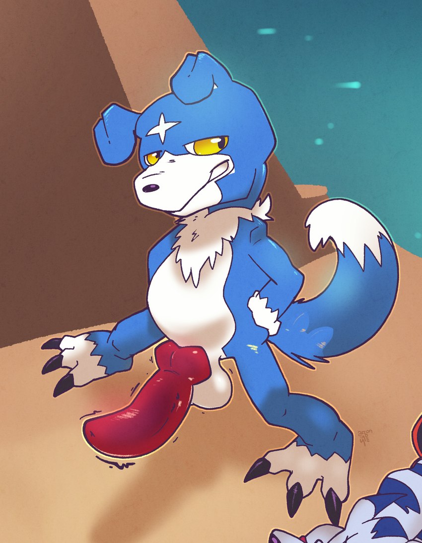 animal_genitalia animal_penis anthro balls big_penis canine_genitalia canine_penis cliff erection folded_ears genitals hands_on_hips knot male outside penis small_but_hung solo standing argon_vile bandai_namco digimon canid canine digimon_(species) gaomon mammal hi_res