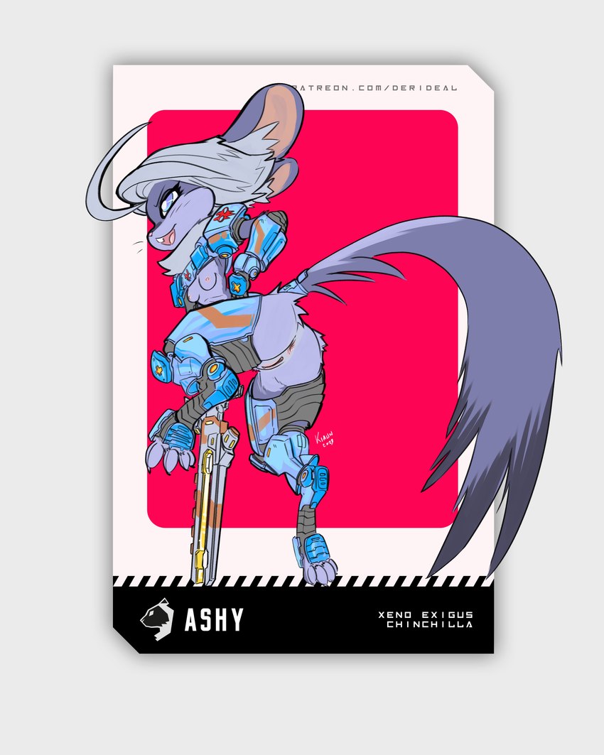 armor breasts claws ears_back female genitals grey_hair hair letters long_tail looking_away open_mouth pivoted_ears pussy simple_background solo symbol tail text tongue weapon kiaun derideal chinchilla chinchillid mammal rodent 2023 4:5 absurd_res colored digital_drawing_(artwork) digital_media_(artwork) english_text hi_res portrait shaded signature url