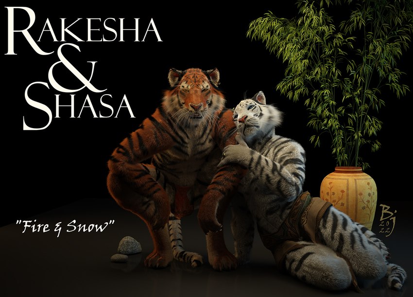 anthro crouching duo fur looking_aside looking_at_viewer lying male on_side open_mouth plant sitting text sherwood felid mammal pantherine tiger 2022 3d_(artwork) digital_media_(artwork)