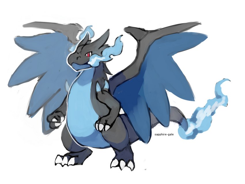 ambiguous_gender biped black_body black_tail blue_body blue_wings claws feet feral fingers fire long_tail red_eyes simple_background solo spread_wings tail toes white_background wings sapphire-gale nintendo pokemon generation_6_pokemon mega_charizard mega_charizard_x mega_evolution pokemon_(species)