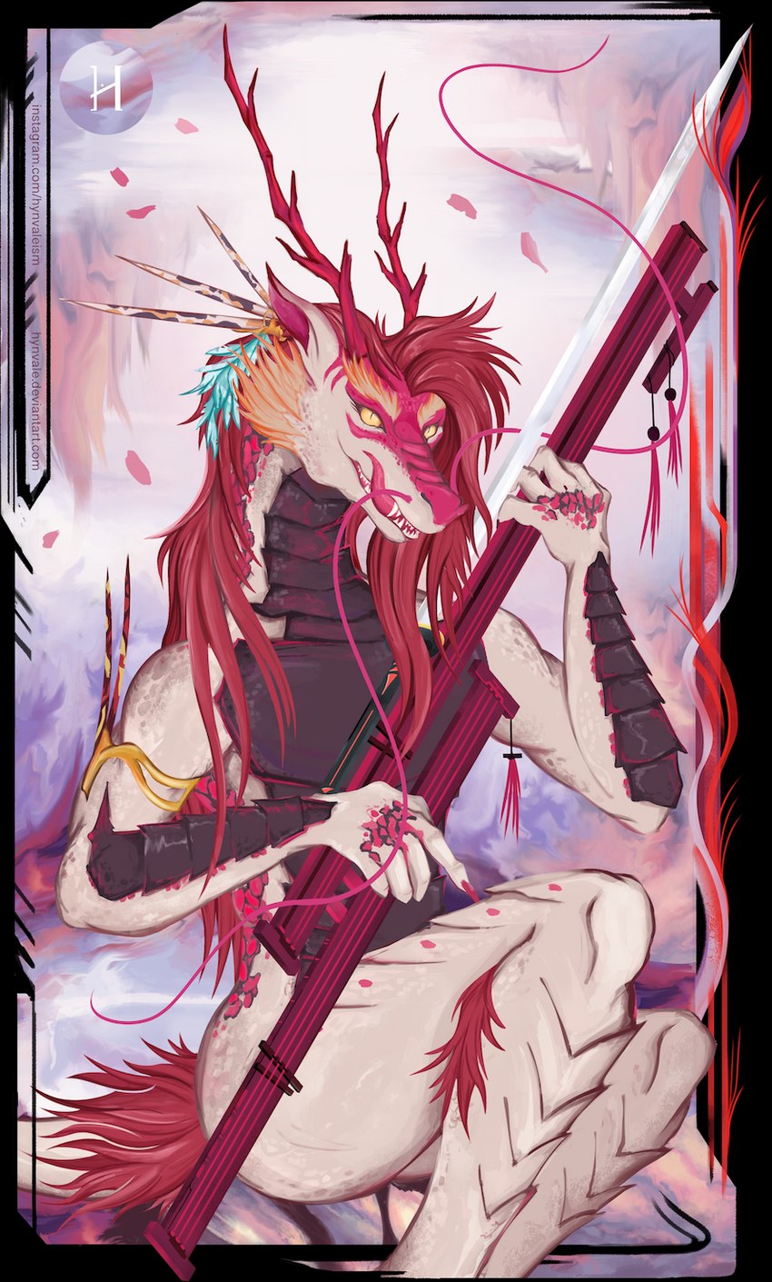 abstract_background anthro art_nouveau biceps fantasy female guitar hair horn jewelry katana licking looking_at_viewer melee_weapon muscular muscular_thighs musical_instrument plucked_string_instrument pose red_body red_hair solo string_instrument surrealism sword tan_body tongue tongue_out weapon yellow_eyes hynvale asian_mythology east_asian_mythology mythology iavyaling_li_hua dragon eastern_dragon mythological_creature mythological_scalie scalie alpha_channel hi_res pinup portrait three-quarter_portrait