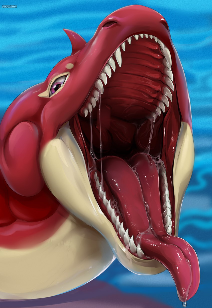 ambiguous_gender bodily_fluids drooling feral glistening glistening_eyes horn looking_at_viewer mouth_shot open_mouth purple_eyes red_body red_horn red_tongue saliva saliva_on_tongue saliva_string sharp_teeth solo teeth text tongue tongue_out water_background yellow_body roobin nintendo pokemon generation_1_pokemon lapras pokemon_(species) absurd_res artist_name hi_res