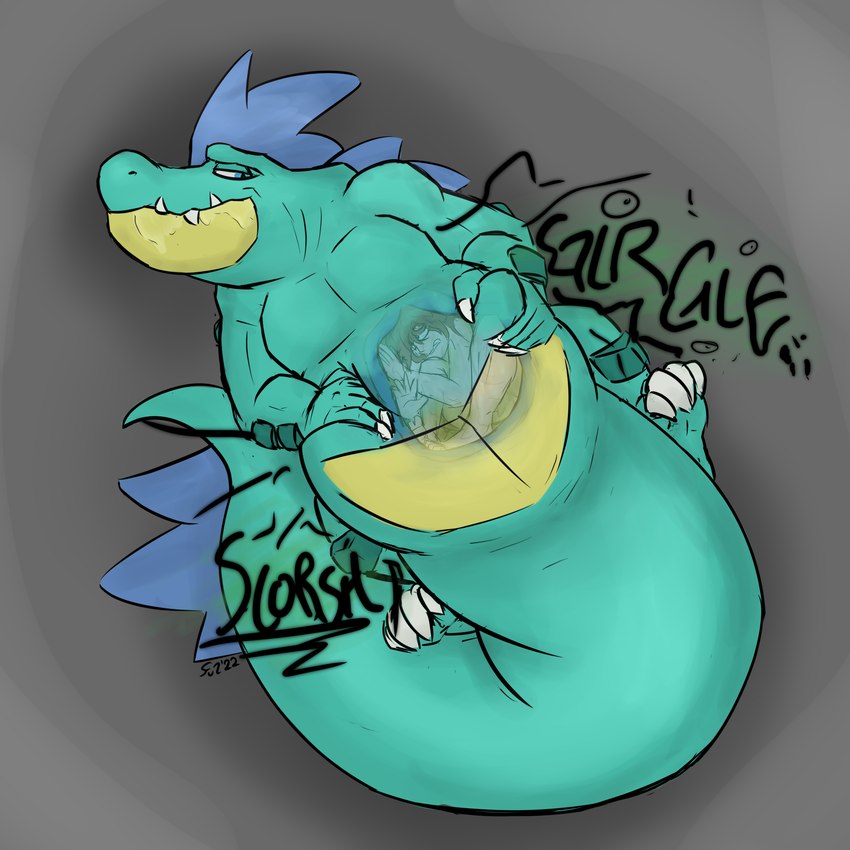 belly big_belly big_tail bodily_fluids digestion duo fatal_vore feral forced fully_inside imminent_death male male/male male_pred overweight overweight_male rumbling_stomach saliva tail vore fuzgatr nintendo pokemon feraligatr generation_2_pokemon human mammal pokemon_(species) shiny_pokemon 1:1 hi_res