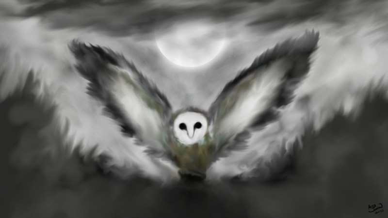 abstract_art abstract_background ambiguous_gender beak black_eyes feathered_wings feathers feral fog front_view impressionist mask moon simple_background solo wings acru_jovian avian bird owl 16:9 digital_media_(artwork) monochrome widescreen