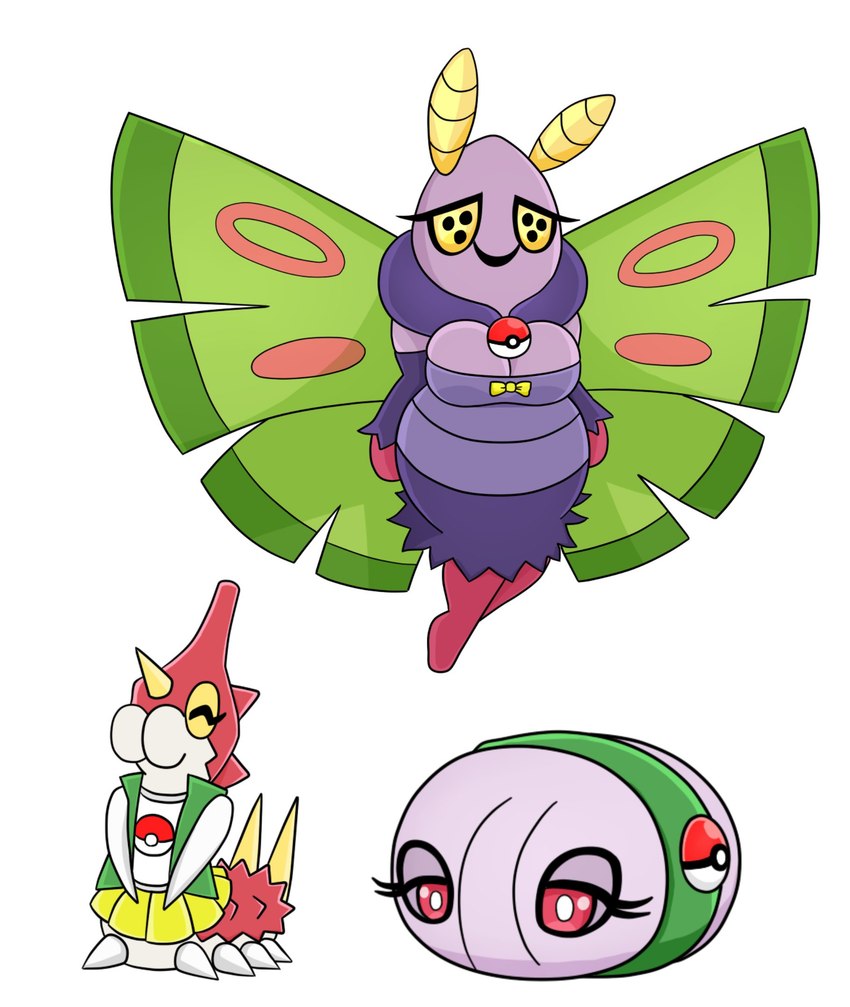 antennae_(anatomy) anthro armless bandage bottomwear breasts clothing dress female group horn jacket legless pokeball pupils purple_body red_body red_eyes shirt simple_background skirt standard_pokeball topwear trio white_background white_pupils wings yellow_eyes urusee584 nintendo pokemon cascoon dustox generation_3_pokemon pokemon_(species) wurmple hi_res