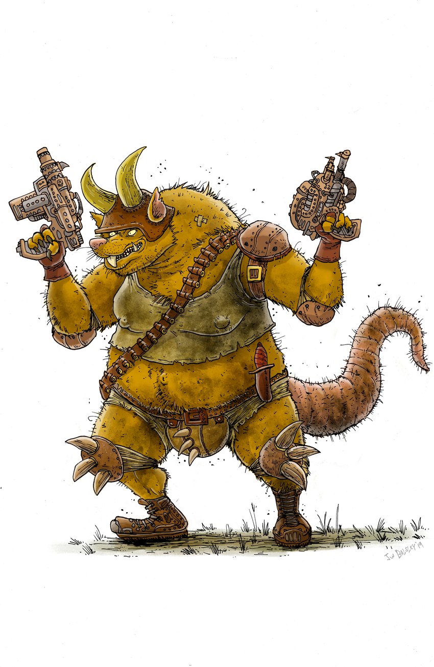 anthro armor belly big_tail boots bottomwear buckteeth bulge clothing crop_top elbow_pads fingerless_gloves footwear fur gloves gun handwear headgear helmet holding_gun holding_object holding_ranged_weapon holding_weapon huge_tail huge_thighs knee_pads machine_gun male midriff navel nipple_outline overweight overweight_anthro overweight_male pink_nose ranged_weapon shirt shoes shorts shoulder_pads sleeveless_shirt solo spiked_armor spiked_knee_pads spiked_pauldron spikes tail teeth thick_tail thick_thighs topwear viking_helmet weapon yellow_body yellow_fur jwbalsley sally_and_the_stompers mammal murid murine rat rodent 2019 absurd_res hi_res